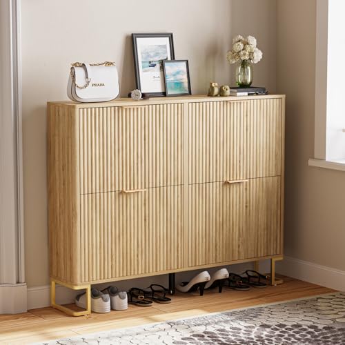 Image of Fluted Shoe Cabinet Storage with 4 Flip Drawers, Wood Narrow Hidden Shoe Cabinet with Metal Legs & Adjustable 2 Tier Shelf for Entryway, Freestanding Slim Shoe Rack Organizer for Hallway Living Room