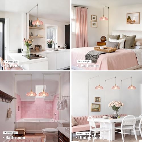 Image of Shenmoyl Plug in Pendant Light Hanging Light Fixtures with Plugin Cord On /Off Switch,Pink Scindapsus Glass Lampshade Brass Pendant Light