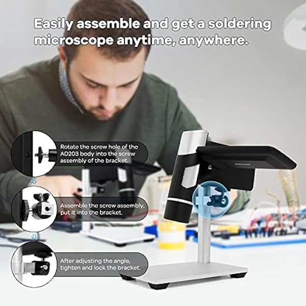 Andonstar AD203 Ручной цифровой микроскоп 4-дюймовый USB-микроскоп с металлической подставкой для детей и взрослых совместим с Windows Mac и ПК фотоаппарат и видеомикроскоп черный портативный микроскоп