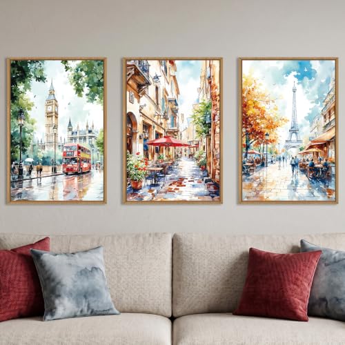 DRACIT Watercolor European Cityscape Framed Canvas Wall Art Set-24"x36"x3 by DRACIT - Used condition - US$107.32