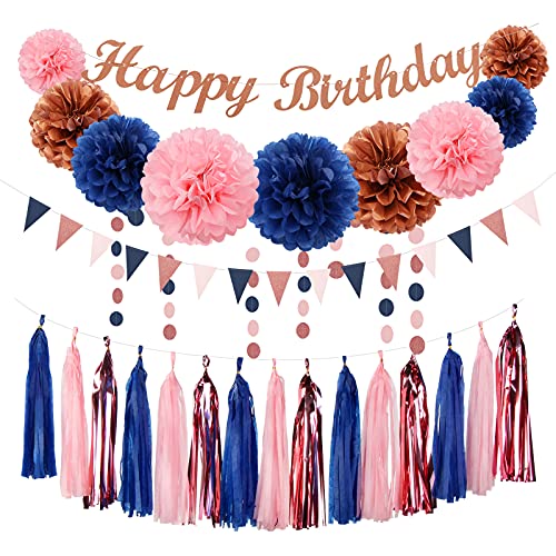 Decoraciones de cumpleaños de color azul marino, rosa y oro rosa, 27 unidades de kits de fiesta, banderas de feliz cumpleaños, serpentinas de borlas, decoración de cumpleaños para mujeres 40 y 50 Cover