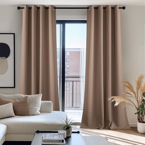 NICETOWN Bedroom Curtain 84 inches Long, Thermal Insulated Light Blocking Rustproof Grommet Blackout Indoor/Outdoor Patio Shades for Living Room/Cottage, 1 Panel, W52 by L84, Tan