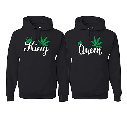Weed King Weed Queen Couple Shirts His and Hers Matching Couples Hoodie Sweater Set, Black, Mens Large, Women Medium