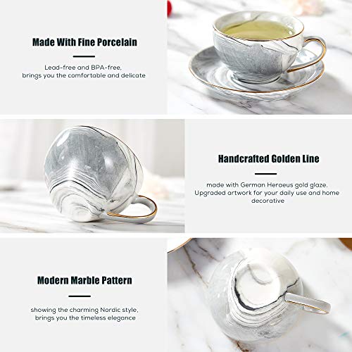 Dujust 21 Pcs Small Tea Set Of 6, Gray Marble Texture With Handcraft Golden Trim, Fine Porcelain Tea Pot Set For Kids&Adults, 1 Glass Teapot(22Oz), 6 Cups(4Oz), 6 Saucers, 6 Spoons, 1 Shelf&1 Warmer #TOP3