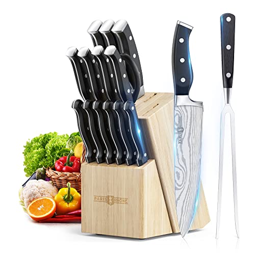 PARIS RHÔNE Kitchen Knife Set, 16-Piece High-Carbon Stainless Steel Knife Set with Block, Chef Knife, Bread Knife, Paring Knife, Built-in Sharpener Included, Ergonomic ABS Full Tang Handle, All-in-One