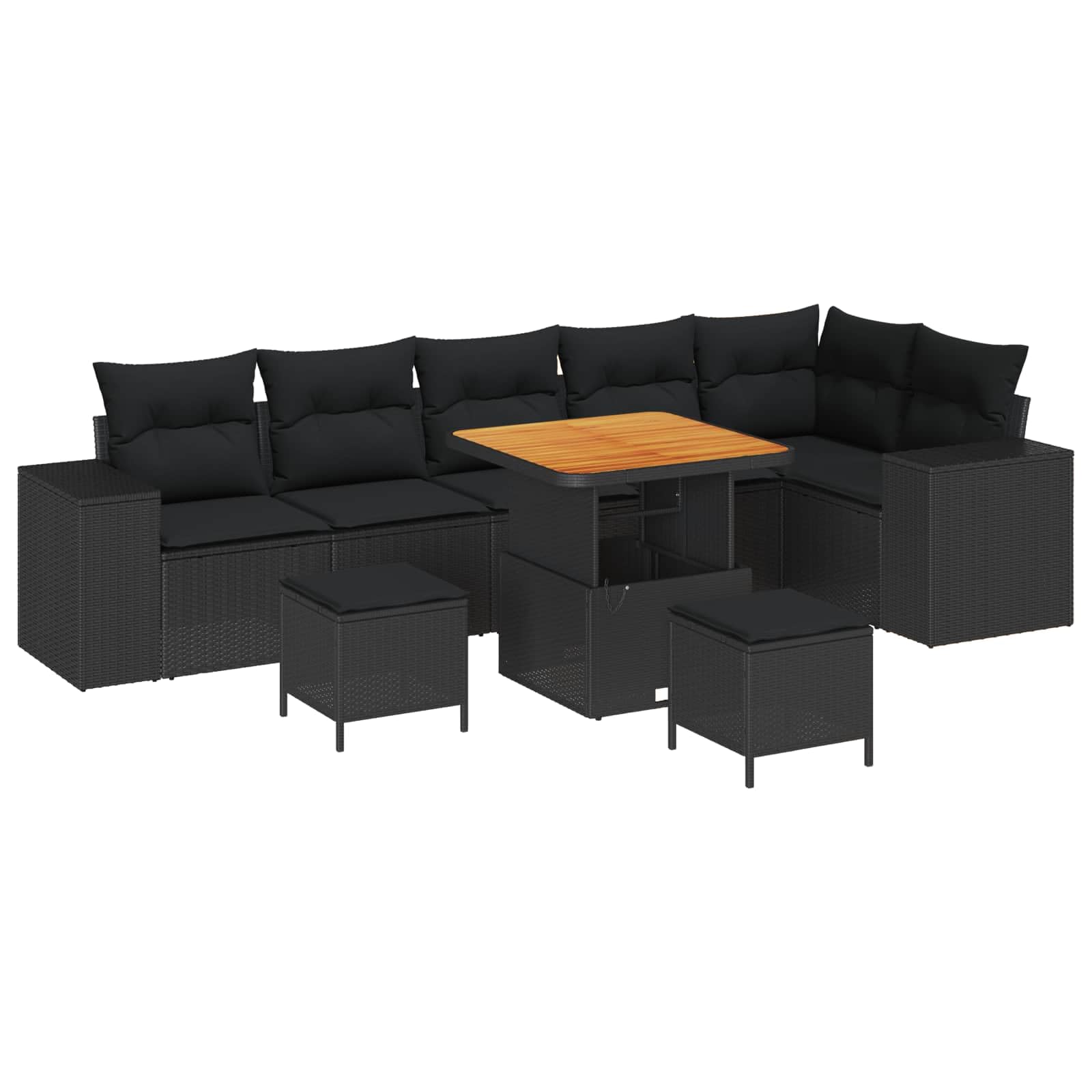 Juego de sofá de jardín de 9 piezas, color negro, polirratán con cojín, mesa de madera de acacia y espacio de almacenamiento, sofá modular al aire libre para patio, diseño duradero