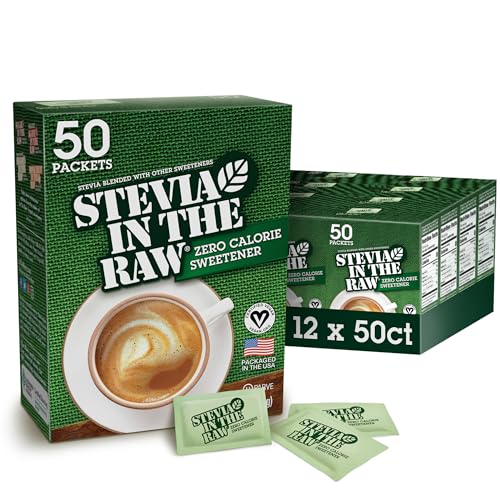 Stevia In The Raw, Plant Based Zero Calorie, Sugar Substitute, No Erythritol, Sugar-Free Sweetener for Coffee, Hot & Cold Drinks, Suitable For Diabetics, Vegan, Gluten-Free, 50 Count Packets (12 Pack)