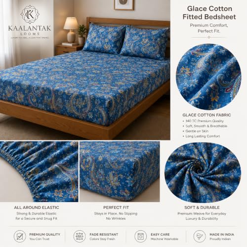 Image of Fitted Bedsheet Blue Paisley Floral Print Glace Cotton 210 TC | Single Size for Single Bed Fits 3 x 6.25 ft Mattress (36 x 75 Inch) | All Around Elastic | 2 Pillow Cover | 7 Inch Deep Pocket