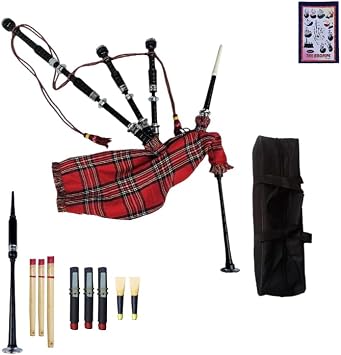 Royal Stewart Tartan Highland Bagpipes with Silver Mounts, Drone Collection, Practice Reeds, Tutor Book, Blowpipe, Carry Bag Traditional Scottish Musical Instrument