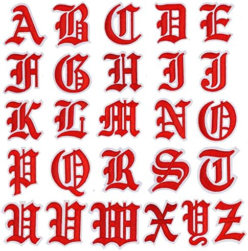 Greek Gothic Old English Letter Patches A to Z Red Retro Initial Vintage Parches para Ropa Iron on/Sew Letters for Hat Backpack Jeans Clothing 2'' Embroidered Cool Fabric Alphabet Punk Patches