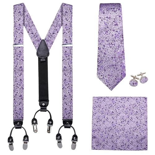 Image of Barry.Wang Men Suspender Set with Necktie Elastic Y Type Heavy Duty 6 Clips Braces Tie Handkerchief Cufflink Pin 6PCS