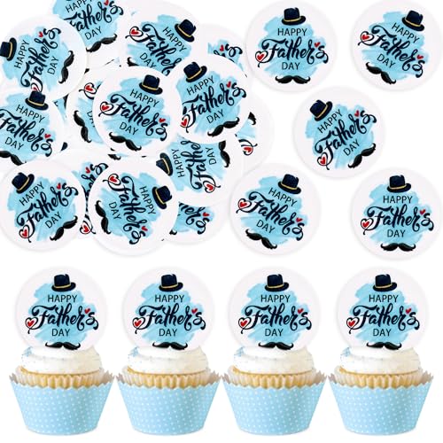 Ercaido 40PCS Happy Father's Day Edible Cupcake Toppers Moustache Hat Best Dad Cupcake Picks Circle Father's Day Drink Topper for Father's Day Theme Dad Birthday Party Cupcake Decorations Supplies