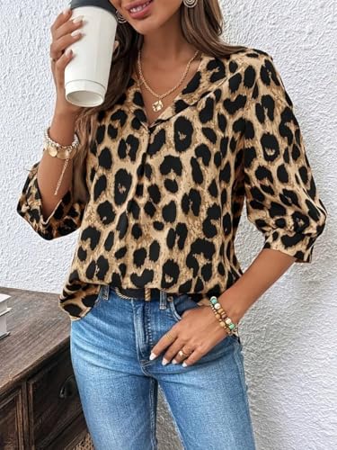 CHARTOU Women Summer Leopard Shirt Casual Loose Collared V Neck 3/4 Sleeve Tunic Top2