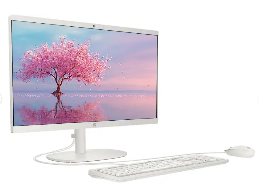 Image of HP 21.5 inch FHD All-in-One Desktop Computer, Intel Quad-Core Processor, 8GB RAM 640GB Storage (128GB SSD+512GB External), Windows 11, Wired Keyboard & Mouse, PLUSERA Earphones, Cashmere White
