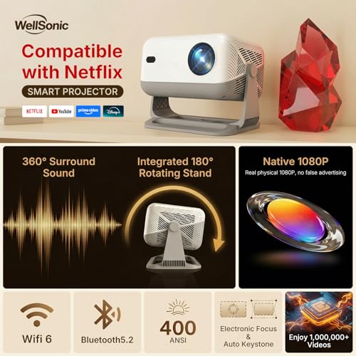 Image of Compatible with Netflix Smart Projector with Whale TV, Native 1080P Projector Supports 4K, Auto Focus & Auto Keystone, Dolby Audio, WiFi and Bluetooth Home Theater Projector