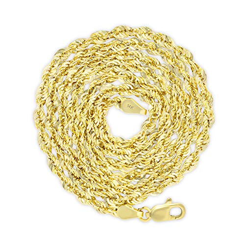 Nuragold 14K Yellow Gold 3Mm Rope Chain Diamond Cut Italian Pendant Necklace, Mens Womens Jewelry 16" 18" 20" 22" 24" 26" 28" 30" #TOP3