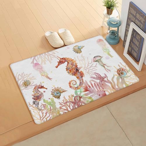 Orange Sea Horse Antifatigue Kitchen Bath Door Mat Cushioned Runner Rug,Washable Welcome Floor Sink Mat,Waterproof & Non-Slip Standing Doormat for Kitchen,Coastal Nautical Starfish Coral Conch 18