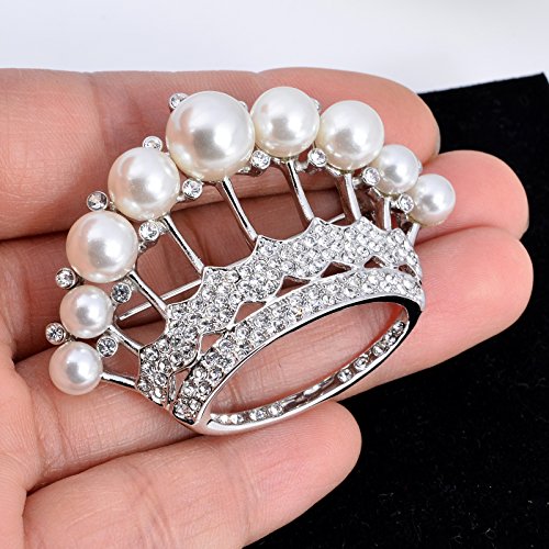 Image of Large Gold Tone Crystal Queen Crown Pin Brooch With Pearl Wedding Bridal Pin