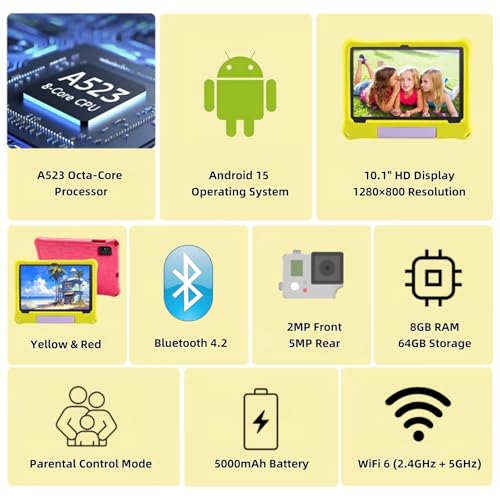 Image of Kids Tablet, Android 15 Tablet with Case - 8GB+64GB Storage (TF Expand 1TB), Octa-Core CPU, WiFi6, Dual Camera, Android Tablets for Kids Ideal for Toddler with Parental Control