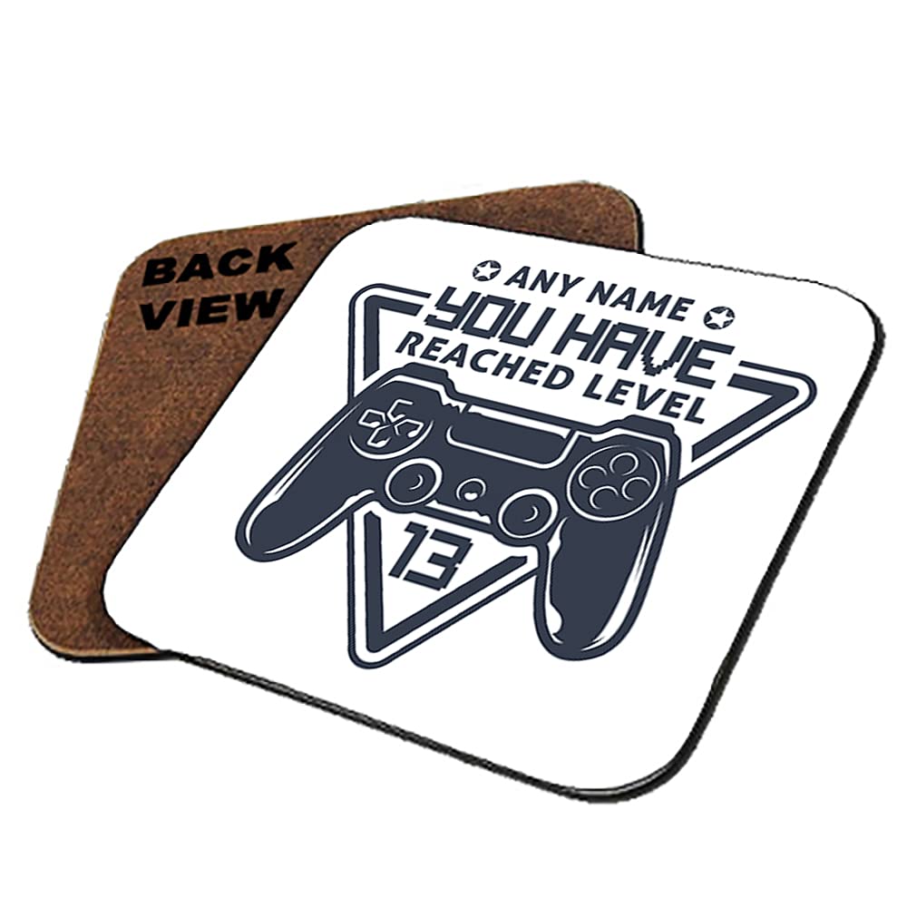 Giftme Boys Square Coaster Mdf Personalised Gaming Enthusiast Reached Level 13,15,20 Turning Any Age/Any Name Gaming Pro Birthday Coaster, Tableware, Drinks Coffee-Tea Coaster. (Square Coaster Mdf)