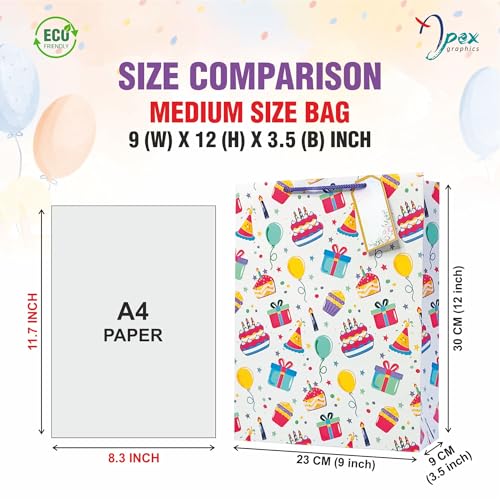 Image of Paper Bags for Birthday Return Gifts - Pack of 10 | Gift Bags Medium Size | Return Gift Bags for Kids Birthday Party | Medium Carry Bags for Gifts | Paper Bags for Gifting | 23 x 30 x 9 cm | Bag with Tissue, Tag & Banner