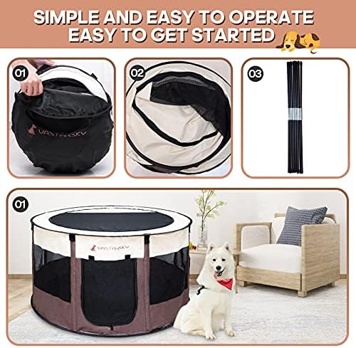 Foldable Portable Puppy Playpen, Soft Pop up Pet Playpens for Puppy Dog Kitten Cat, Lightweight Fabric Playpen with Breathable Mesh, Pet Cage for Indoor and Outdoor Use (48 x 48 x 23 in, Coffee)