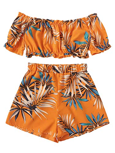 SweatyRocks Women's Boho Off Shoulder Crop Top with Shorts Set 2 Piece Outfits Orange L