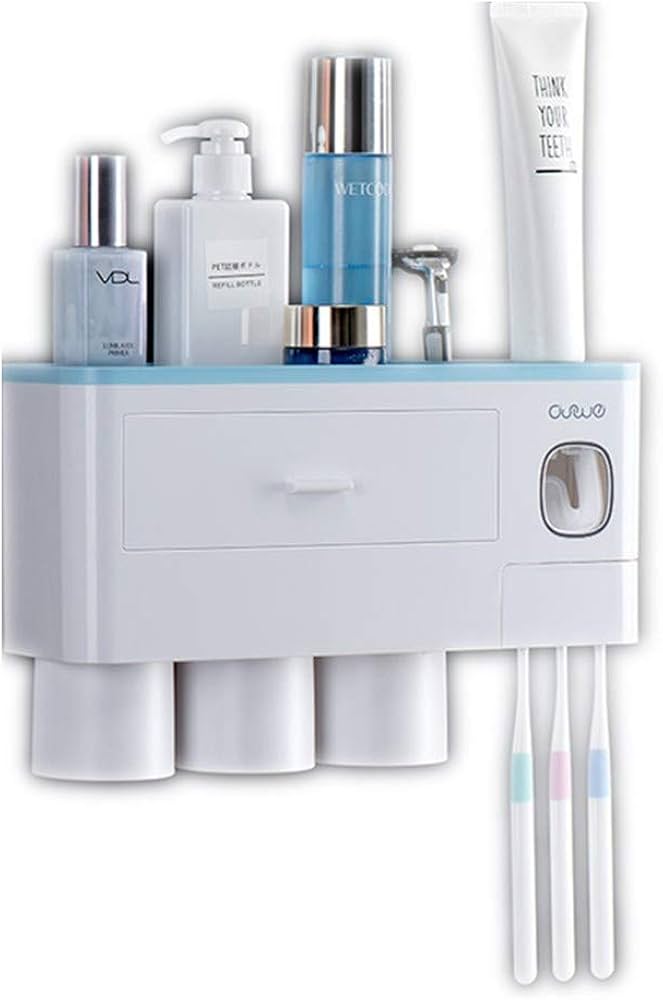 歯ブラシスタンド 収納ラック マグネット掛け式 自動歯磨き粉ディスペンサー 歯磨きコップホルダー コップスタンド 歯ブラシ立て 壁掛け 置き型  バスルーム 洗面台 多機能収納ケース 家族用 (ブルー, コップ三つ)