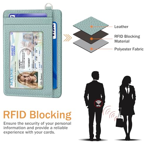 Image of Yonlevres Credit Card Holder Women Slim RFID Blocking Wallet Small Green | Front Pocket, Handy, RFID Blocking, Woman Girls Ladies Gifts, D-ring for Keychain,Thin Mini Card Case, ID Window, PU Leather