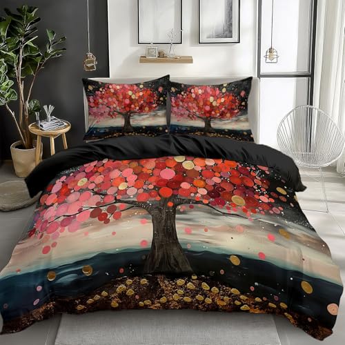 Beige Duvet Cover Twin Size 2 Pieces Oil Painting Red Leaves, Bedding Room Decor Bedspread for Kids Teens, Comforter Quilt Cover Bedding Set with Pillow Sham