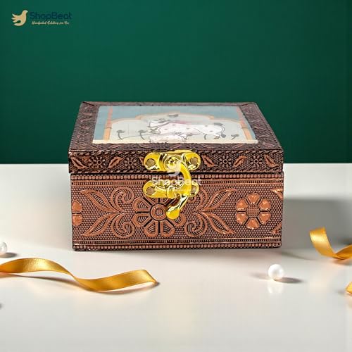 Image of Wooden Jewellery Box for Women - Sacred Teal | Handcrafted Pichwai Design with Lock | 4x4 Inch Organizer for Earrings Rings | Return Gift for Wedding Diwali Pooja