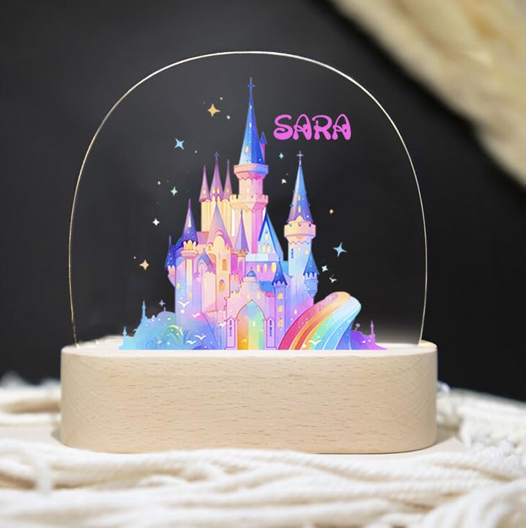 Lampara Infantil Personalizada para bebes y niños de mesita de noche Regalos bebe recien nacido decoracion habitacion bebe luz quitamiedos lamparas originales niña (CASTILLO-PRINCESA)