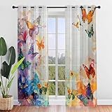 Highdi Cortinas de Ventana Dormitorio Translúcidas Ventana Visillos con Ojales Moderno 2 Paneles Transparente para Sala Habitación Comedor Cocina Cortina (Mariposa de Color 6,W132 x H160 cm)
