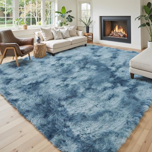 8x10 Area Rugs for Living Room,Dark Blue Tie-Dyed Large Soft Shaggy Carpet