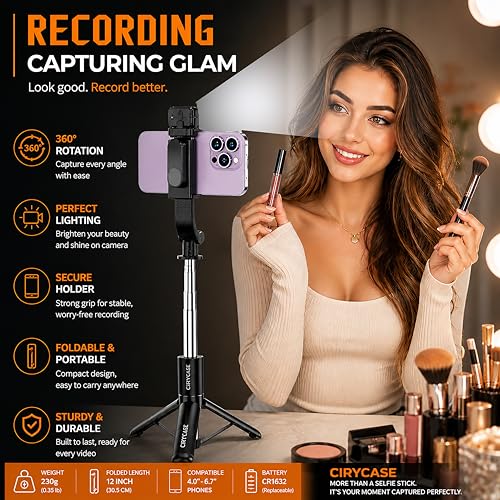 Image of CIRYCASE Selfie Stick Tripod, 170 cm Reinforced, Bluetooth, Multi-Functional, for iPhone and All Smartphones, Travel and Vlogging (Gripd 170 Cm with Light)