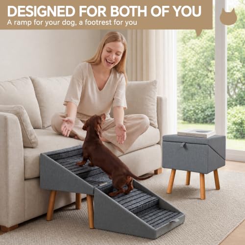Image of Luciphia 2-in-1 Wooden Pet Stairs & Ottoman 17 inch H Foldable Dog Ramp with Solid Wood Frame & Tech Cloth Surface Pet Footstool Steps with Non-Slip Surface for Puppy Senior Injured Dogs Couch Bed