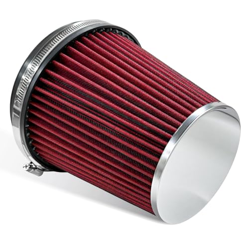 Pxobiug Cold Air Intake Filter, 6 Inch Flange ID Round Tapered Cone Automotive High Flow Inlet Cool Air Filters, Washable Clamp-On Engine Replacement Filter for Cars Trucks SUVs (Red)