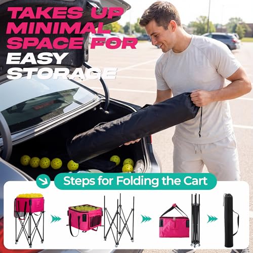 Paddyn Pickleball Cart With Wheels, Foldable Tennis Ball Hopper Basket, Lightweight Ball Caddy With Zippered Mesh Lid, Portable Sports Ball Storage For Outdoor Court, Home Training, Kids Youth Adults