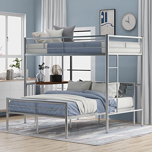 Lovmor Twin Over Full Metal Bunk Bed With Desk, Ladder And Quality Slats For Bedroom, Metallic Silver #TOP1