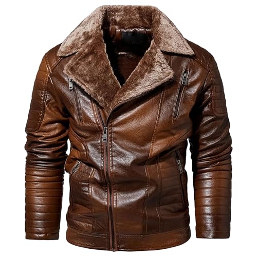 Questa classica giacca in pelle presenta una chiusura con cerniera e due tasche laterali, offrendo funzionalità e un design senza tempo in tinta unita. Lo stile ispirato al cappotto in shearling da uomo offre calore in autunno e freddo in inverno, garantendo comfort nelle mattine gelide o nelle notti più fresche. Abbinala senza sforzo a t-shirt a tinta unita, , pantaloni chino o jeans per completare qualsiasi look raffinato.