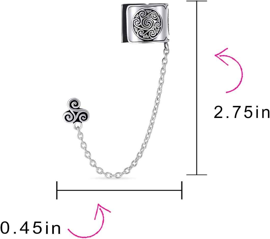 Set of Two Celtic Irish Viking Swirl Sun & Trinity Triskele Wrap Cartilage Ear Cuff Chain Pierced Ear Stud Earrings 1Pcs Oxidized .925 Sterling Silver