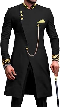African Suit for Men Jacket Shirt and Pants 2 Piece Set Traditional Gold Printed Long Sleeve Outfits, S-4XL Color Black, Size Small