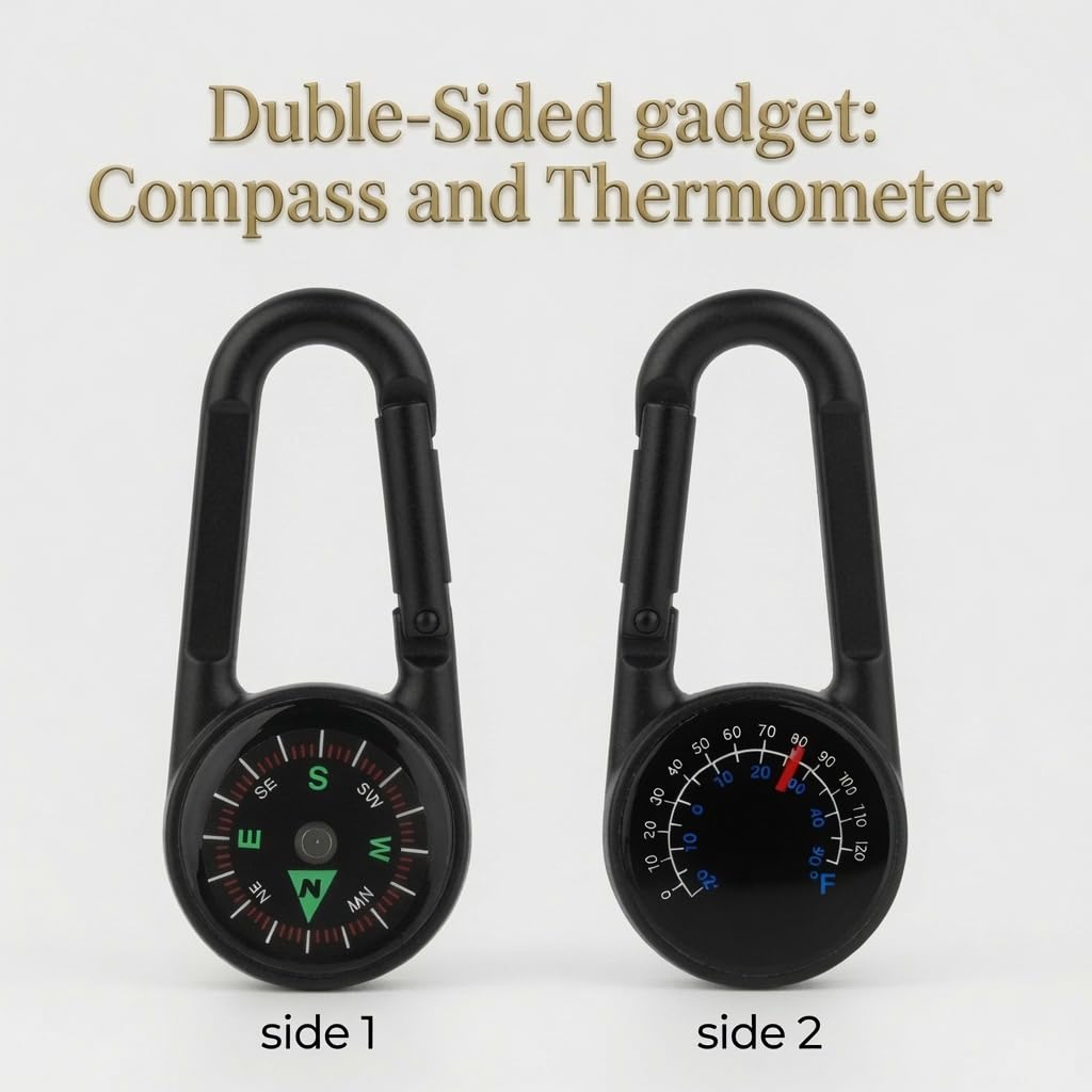 Portable Outdoor Thermometer with Compass Dual Scale °F/°C Aluminum Hiking Camping Thermometer Carabiner No Battery Lightweight