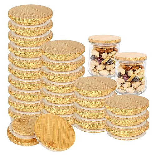MIVIDE 24 Pack Yogurt Jar Lids Set, Natural Bamboo Oui Yogurt Jar Lids with Silicone Sealing Ring, Reusable Wooden Jar Lids for Mugs and Jars