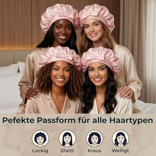 Seidenhaube zum Schlafen aus 100% Maulbeerseide – einlagige atmungsaktive Schlafhaube, anpassbare Schlafmütze mit weichen Stretch-Stoffbändern, Silk Bonnet, Haarhaube für die Nacht (rosa)