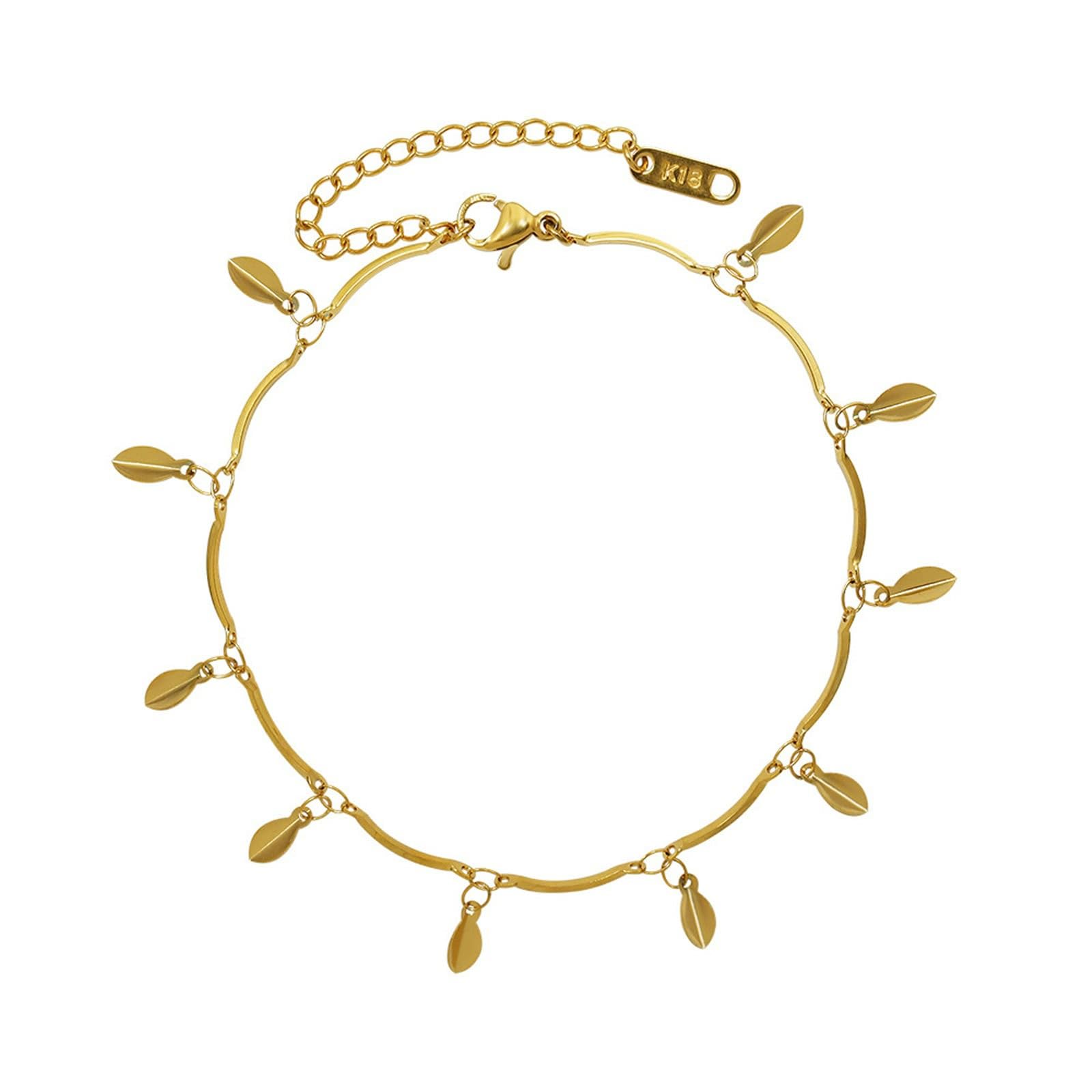 Cavigliera da donna vintage in oro giallo 14 K 585, Au585, con foglie d'oro, stella, per adolescenti, estate, spiaggia, per mamma e ragazza, lunghezza 25 cm