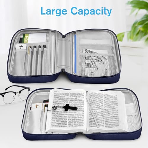 Image of FINPAC Bible Cover, Carrying Book Case Church Bag Bible Protective with Handle and Zippered Pocket, Gift for Mother Lady Women Men, Navy