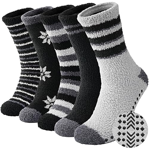 ZhiNuSi Mens Fuzzy Slipper Socks with Grips, Warm Non-slip Thick Hospital Socks Cozy Home Sleep Gift for Husband Dad Striped 5 Pairs