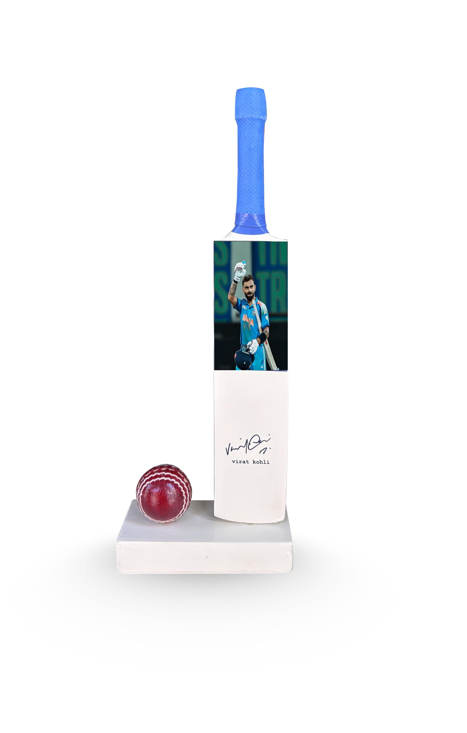 Wood Miniature Cricket Momento Virat Kohli Printed (Not Original) Cricket bat with Stand and Mini Lader Ball Decorative Cricket Memorabilia Set-picture-11