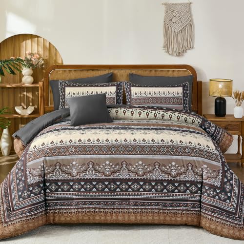 Image of Boho Comforter Set Full Size,8 Pieces Brown Black Striped Bedding Set